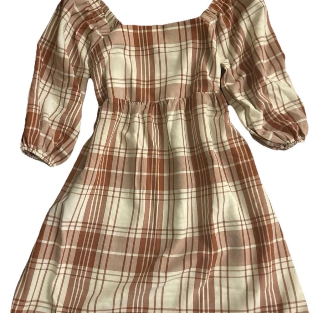 🆕Monteau Casual Baby Doll Plaid Dress W 1/2. Puff Sleeves Cream/Rust Brown Small - Picture 2 of 5